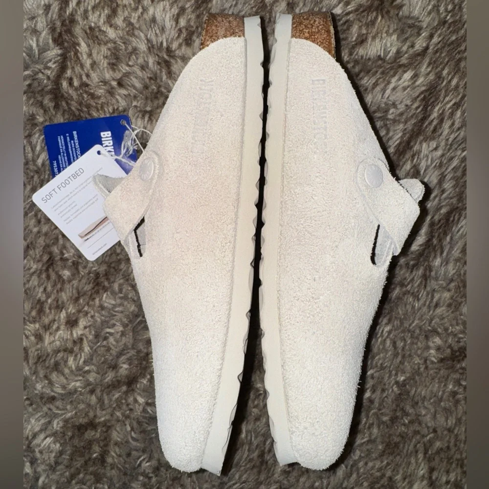 Birkenstock Boston Mules Antique White Suede Leather Slides - Picture 4 of 8